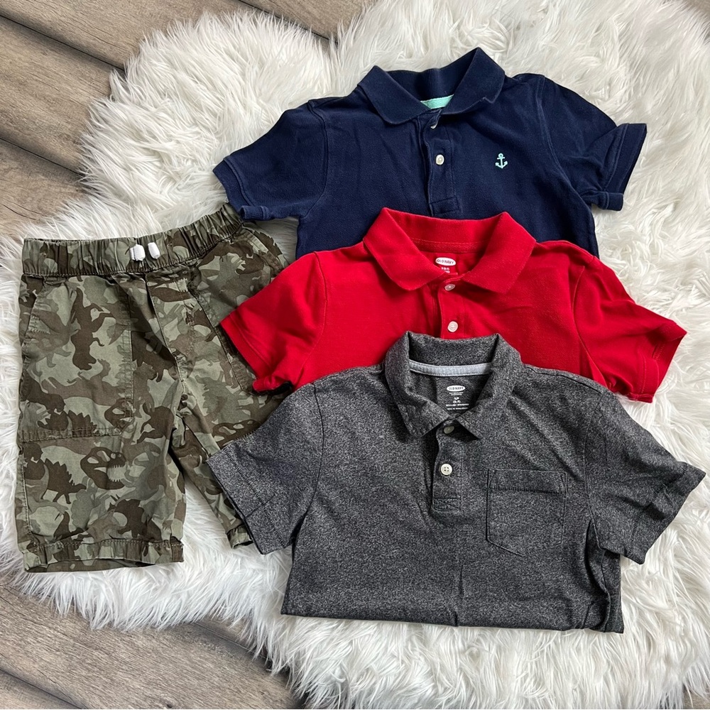 Kids Polo Shirt Set - Red, Navy, Gray & Dino Camo Shorts